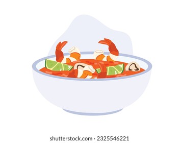Thai soup with spicy, sour and complex aromas 'Tom Yum Kung'. shrimp soup. seafood. Flat vector cartoon illustration