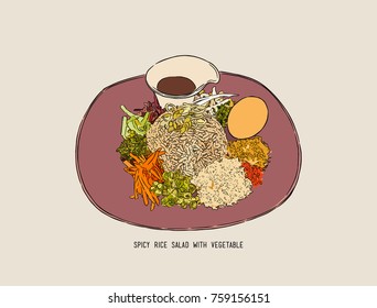 Thai Southern Spicy Rice Salad and Vegetables  Khao  Yum  hand draw sketch vector 
