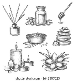 Thai SPA sketch vector icons, massage and body care wellness bathing. Hand drawn pencil sketch oriental spa aroma sticks, aromatherapy candles, massage stones, honey, olive oil and herbal treatment