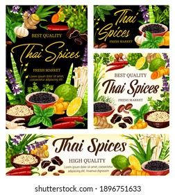 Thai spices and herb seasonings, cooking condiments and food ingredients, vector. Thai cuisine herbal spices ginger, turmeric and curry, lemongrass, chili pepper and kaffir with galangal, farm herbs