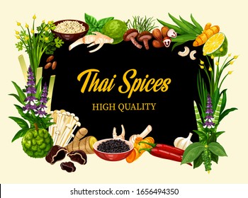 Thai spices and herbs, cooking herbal seasonings and culinary condiments. Asian lemongrass, kaffir lime and chili pepper, shiitake and enoki mushrooms, garlic, horseradish and basil spices. Vector