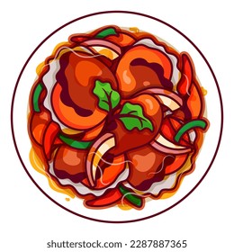 Thai spicy cockle salad illustration vector. Asian yum talay thai cockle shell salad icon top view. Spicy thai salad with cockle shell top view cartoon. Thai seafood menu icon top view vector.