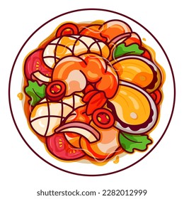 Thai spicy mixed seafood illustration vector. Asian yum talay thai seafood salad icon top view. Spicy thai salad with shrimp mussel and squid top view cartoon. Thai seafood menu icon top view vector.