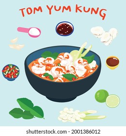 Thai spicy soup with prawn and herb, famous dish in Thailand.
Food illustration and ingredients vector.