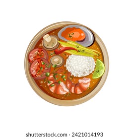 
Thai spicy soup Tom Yam. Freehand drawing, top view, isolate, clipart. Vector illustration. Hand drawn drawing. 