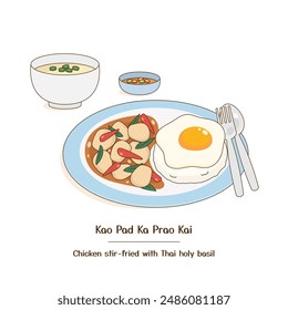 thai spicy stir-fried chicken with holy basil, vector illustration