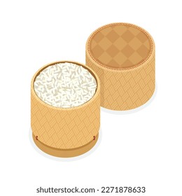Thai sticky rice in rice basket( wooden bamboo traditional box or container ).