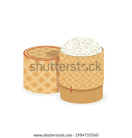 Thai sticky rice in rice basket( wooden bamboo traditional box or container ).