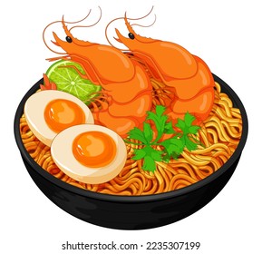 Los tailandeses mezclan fideos fritos con camarón o receta de gambas (Tom Yum Kung). Vector de ilustración de la receta de tallarines de salsa de tomate asiático. Sopa de marisco con fideos chinos. Dibujo asiático de fideos de comida.