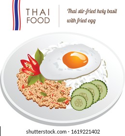 thai stir-fried holy basil with fried egg on isolate white background