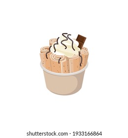 Thai stir-fried or rolled ice cream in cup with piece of chocolate, flat vector illustration isolated on white background. Milk dairy sweet ice cream dessert.