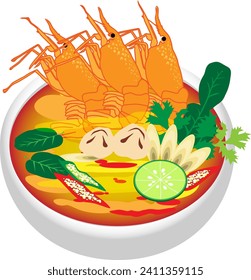 Comida callejera tailandesa. Delicioso conjunto de vectores de comida tailandesa. Vector de comida tailandesa, tom yum kung, sopa de camarón.