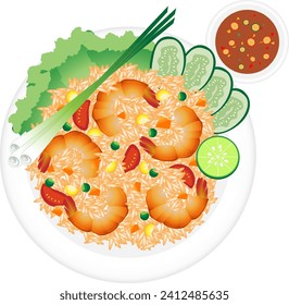 Comida callejera tailandesa. Delicioso conjunto de vectores de comida tailandesa. Vector de comida tailandesa, arroz frito, camarón frito, arroz frito tailandés con gambas.