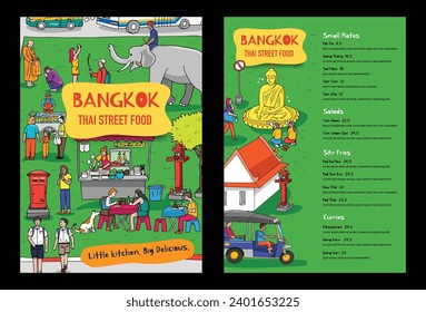 Thai street food menu template with hand-drawn illustrations of Thai people's daily life, including Tuk Tuk rides, temple visits, street food, and the floating market in Bangkok.