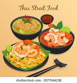 Vector de ilustración del menú del restaurante tailandés de comida callejera. 
(Tom Yum Kung, Tom Yum Goong, Pad Kra Pao, Kra Pow Kai, Keang Keaw Wan Kai, Pad Thai)