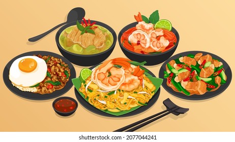 Thai street food restaurant menu illustration vector. 
(Stir fried crispy pork with kale, Pad Kana Moo Krob, Tom Yum Kung, Tom Yum Goong, Pad Kra Pao, Kra Pow Kai, Keang Keaw Wan Kai, Pad Thai)