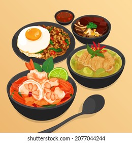 Thai street food restaurant menu illustration vector. 
(Tom Yum Kung, Tom Yum Goong, Pad Kra Pao, Kra Pow Kai, Keang Keaw Wan Kai, Thai Blood Soup)