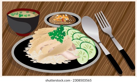 thai street food steamed rice topped with chicken khao man gaii, rice is put on the plate, the chopped chicken is placed on top and a few slices of cucumber chili infused gingery sauces and soup