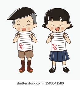 Thai student Boy and girl showing perfect test results with full score. kids happy got full score in Exam.