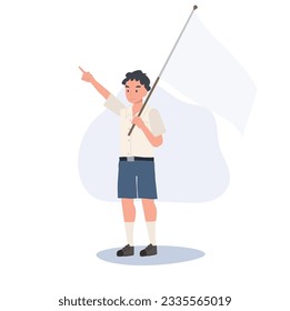 Thai student boy kid holding big blank flag with a copy space. empty white banner area. Flat vector cartoon illustration