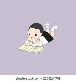 Thai student boy reading a book, vector illustration