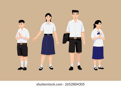 Thai student character set in modern style vector illustration