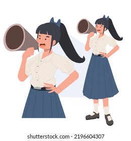 Thai student girl is using a megaphone to announce something. learning, education concept. Vector illustration