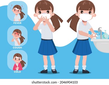 Thai student infographic symptom and protection from covid-19 character. Siam bangkok school thailand safe.