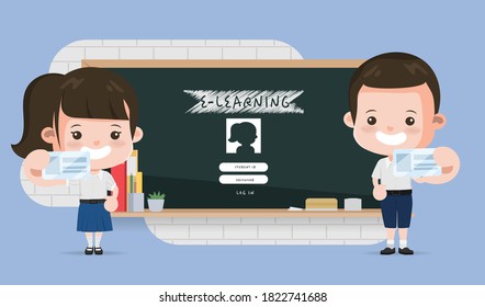 Thai student presenting e-learning online education school. Bangkok Thailand high school animation vector design.