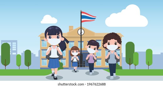 Thai Student Prevention Covid-19 In Quarantine. Siam Bangkok School Thailand Safe From Covid-19.