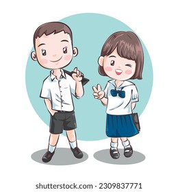 Thai student. School uniform in Thailand. Vector cartoon.