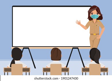 Thai Student and teacher back to school with new normal concept. Siam bangkok thailand school stay safe from covid-19.