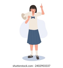 Thai Student in Uniform Empowering Voice with Megaphone. Using Megaphone for Confident Announcement