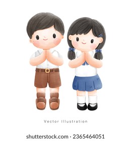 Thai students in Thai uniform. Watercolor style. Vector iluustration.