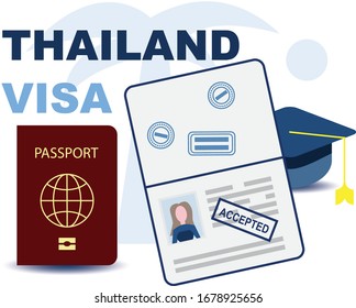 Thai study visa. Education in Thailand. International travel visa passport stamp icon for entering to Thailand