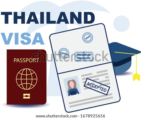 Thai study visa. Education in Thailand. International travel visa passport stamp icon for entering to Thailand