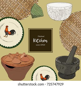 Thai style Asian cookware- plate , basket ,terracotta , pestel , banana leaf wrap and water bowl . hand draw sketch vector.