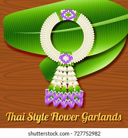 Thai style flower garland,a respect object indication to older person or buddha in special time in cute style,vector illustration