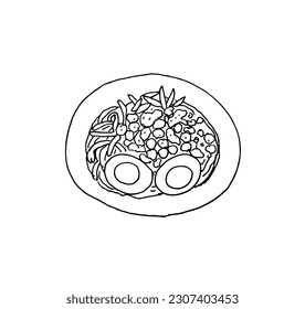Thai style food "Tom yam noodles", Sukhothai noodle, outline drawing vector illustration