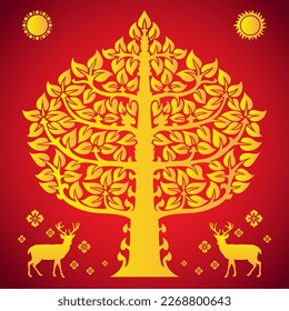 THAI STYLE GOLDEN BODHI TREE VECTOR ART ON RED BACKGROUND