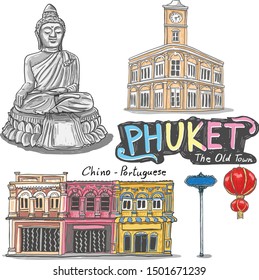 Thai Style Hand Drawing. Phuket Thailand set, The Old Town, Chino Portuguese, lantern, Buddha