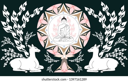 Thai style Illustration vector of Buddha sit in Dharmachakra and deers for Visakha Puja Day or Makha Puja day - Buddhism peaceful Buddha concept