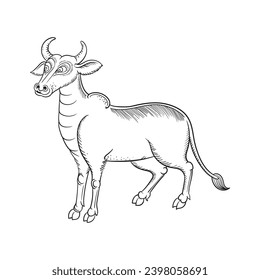 Dibujo de línea estilo tailandés, búfalo silvestre, ilustración vectorial.