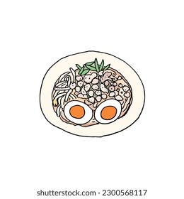 Thai style noodle, tom yum soup with minced pork, dry shrimp, boiled egg, hand drawn style vector illustration