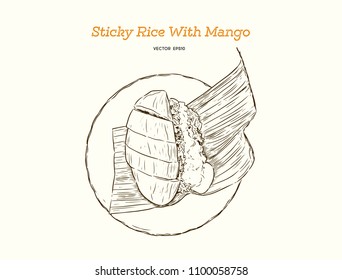Thai style tropical dessert, Sweet mango with sticky rice mix with coconut milk. hand draw sketch vector.