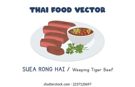 Thai Suea Rong Hai - Caricatura de un clíparte vectorial llorando o carne de tigre llorando. La comida asiática. Cocina tailandesa. Gastronomía local tailandesa