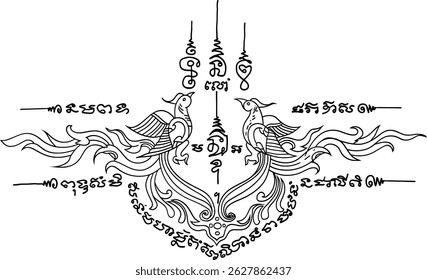 Thai tattoo. Yant Sarika Koo or  a pair of Salika birds. Thai text translation: Charm and Attractiveness, Persuasive Speech, Good Luck and Success