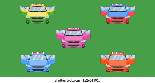 thai taxi  cap car front back view open door transport service passenger vehicle type yellow green purple blue orange red vector illustration eps10