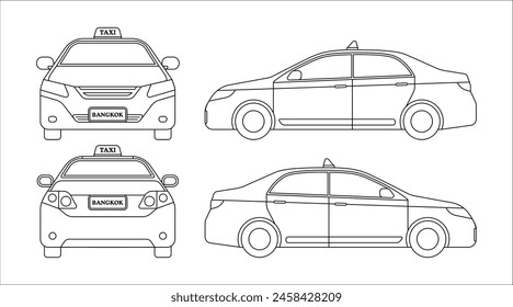 Taxímetro tailandés coche. Dibujos animados de transporte público de Bangkok, Tailandia esbozan arte de Ilustración vectorial.