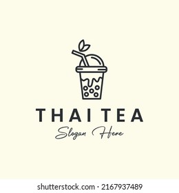 thai tea with line art style logo icon template design. bubble, boba , milk, ice, vector illustration